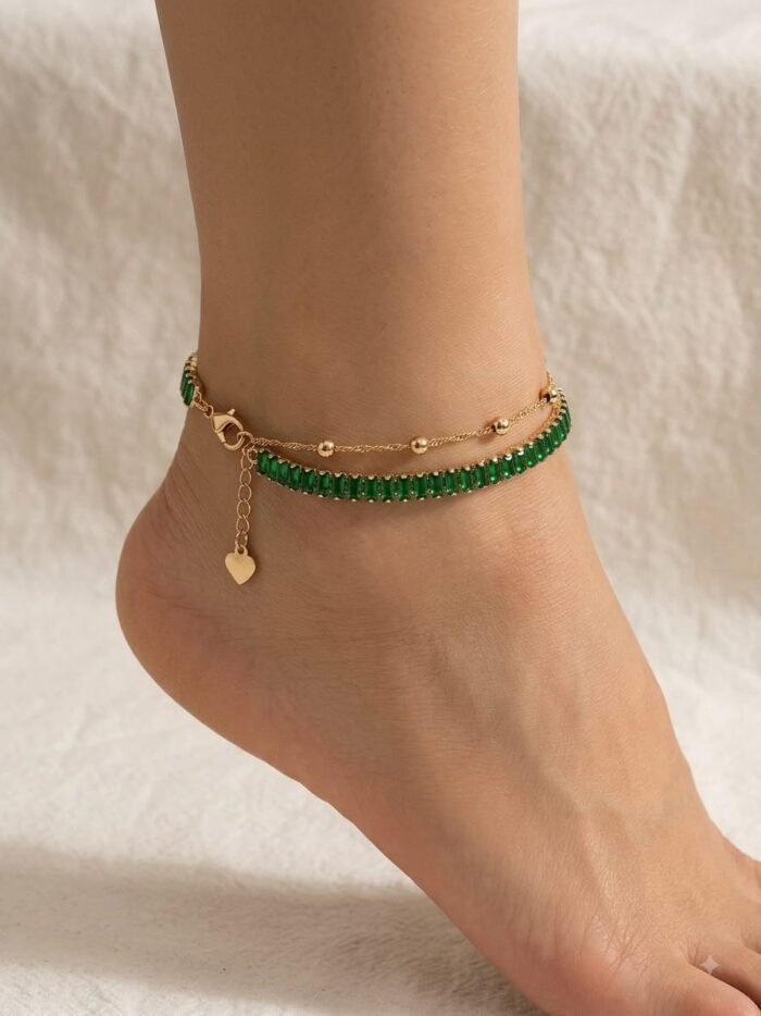 Green Crystal Layered Gold Chain Anklet
