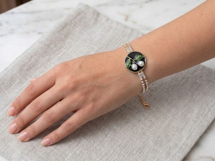 Black and Pearl Cherry Branch Gold Bracelet