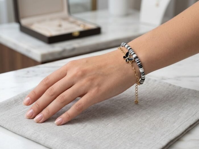Black, White, and Black Butterfly Layered Bracelet