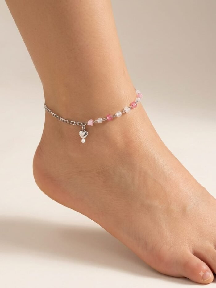 Pink Heart Charm Silver Beaded Anklet