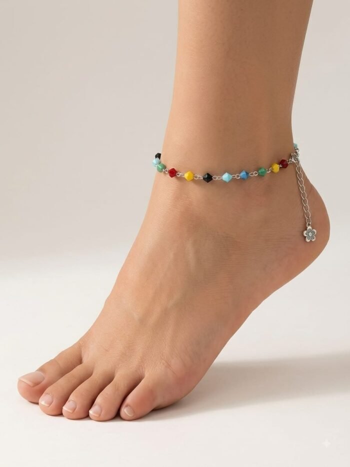 Multicolor Faceted Bead Silver Anklet with Flower Charm